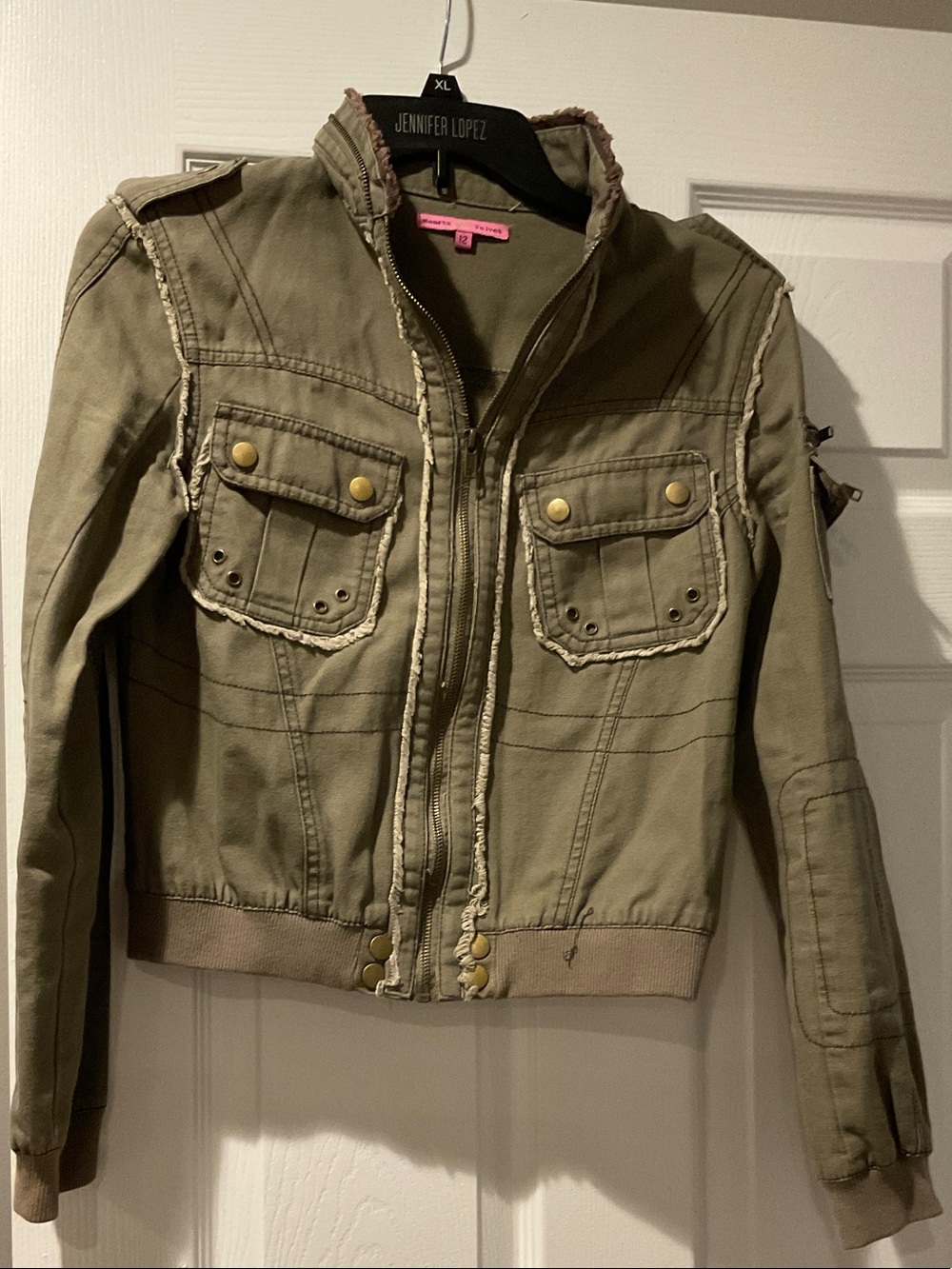 Olive Green Cropped Military-Style Jean Jacket